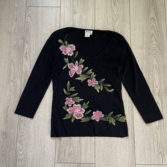 CHAGALL Women's Black Floral Rayon V-Neck Long Sleeve Pullover Sweater Size M - Picture 1 of 7